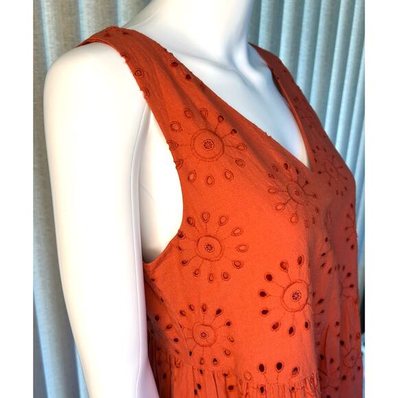 LOFT Eyelet Lace Cotton Babydoll Mini Dress V-Neck Slvls Burnt Orange Size XS - Picture 4 of 8